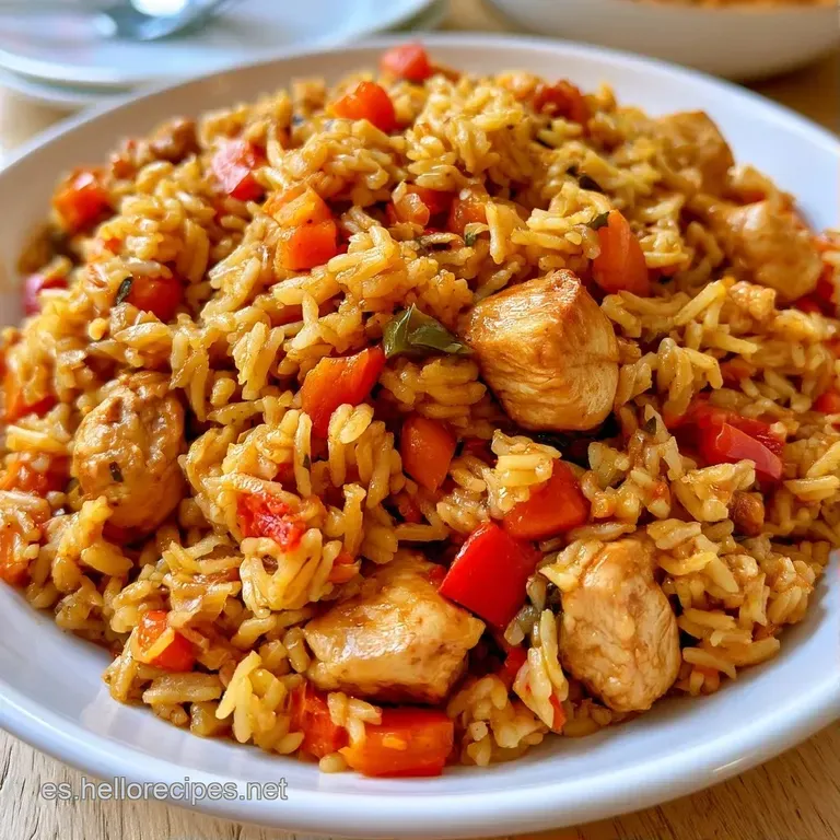 Montón circular de arroz amarillo brillante coronado con pollo jugoso y perejil fresco sobre un plato cerámico oscuro.