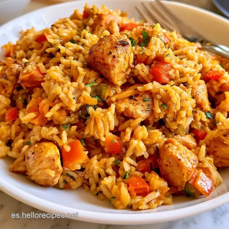 Montículo de arroz dorado y jugoso adornado con perejil fresco y piezas de pollo crujiente sobre un fondo neutro.