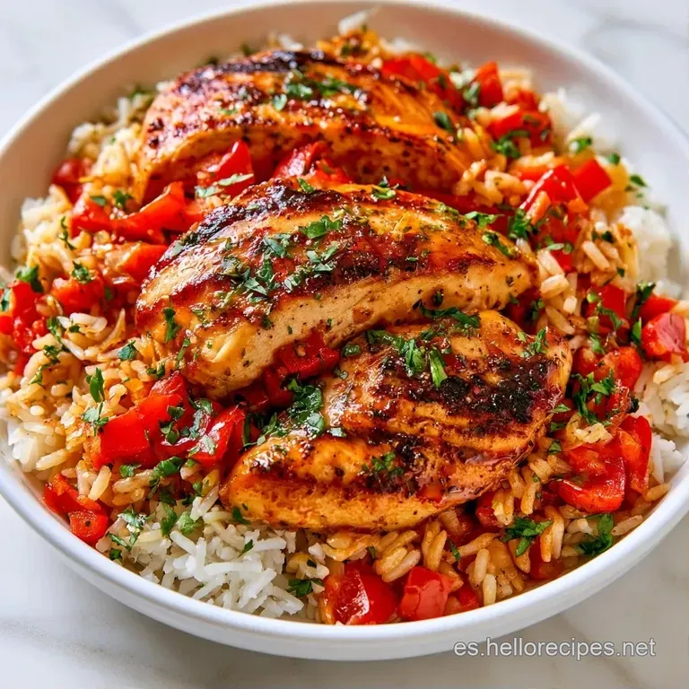Plato hondo con arroz dorado y pollo jugoso, adornado con perejil fresco y vapor sutil sobre fondo neutro claro.