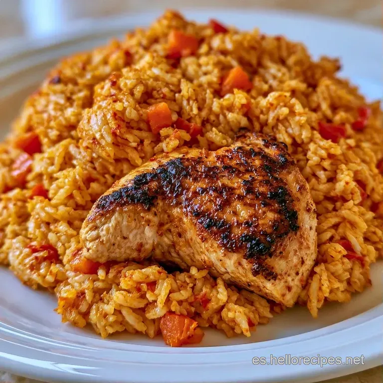 Montículo de arroz amarillo brillante con pollo jugoso, decorado con perejil fresco sobre un plato blanco minimalista.