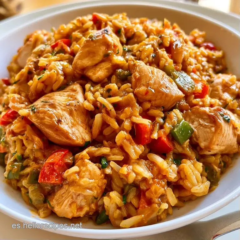Arroz meloso en un cuenco cerámico, con trozos de pollo tierno y un hilo de aceite brillante bajo luz natural suave.