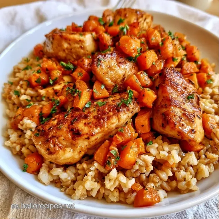 Plato blanco minimalista con una montaña de arroz integral y pollo jugoso, adornado con perejil fresco y gotas de aceite.