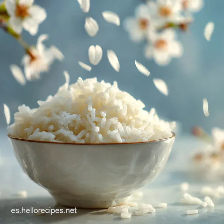 Steaming mound of jasmine rice, gracefully plated. Delicate sheen suggests soft texture, ready to eat.