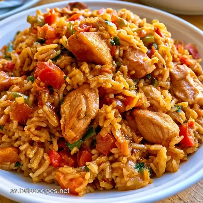 Arroz de textura brillante y melosa servido en cuenco blanco, coronado con pollo jugoso y una hoja de perejil verde.