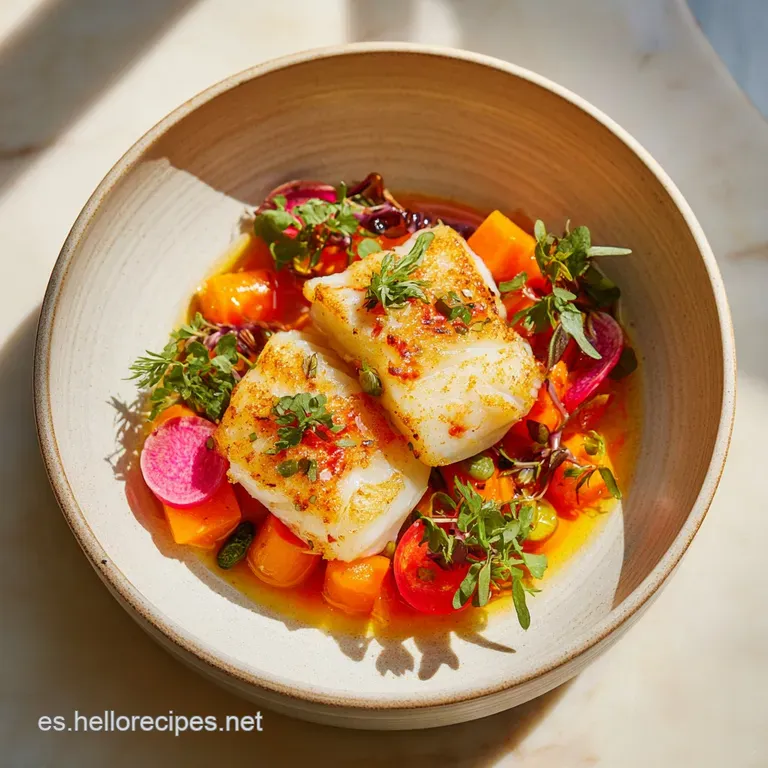 Delicate white cod, glistening with oil, artfully arranged with peppers and herbs on a white plate. An elegant, modern pre...