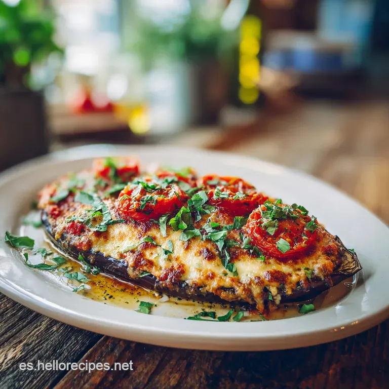 Elegant plate with stacked eggplant rounds, golden melted cheese, and a drizzle of olive oil, garnished with fresh basil.