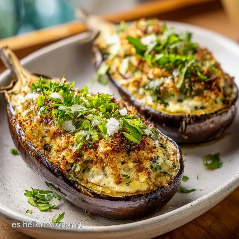 A beautiful eggplant boat, glistening with a light drizzle, sits elegantly on a pristine white plate.