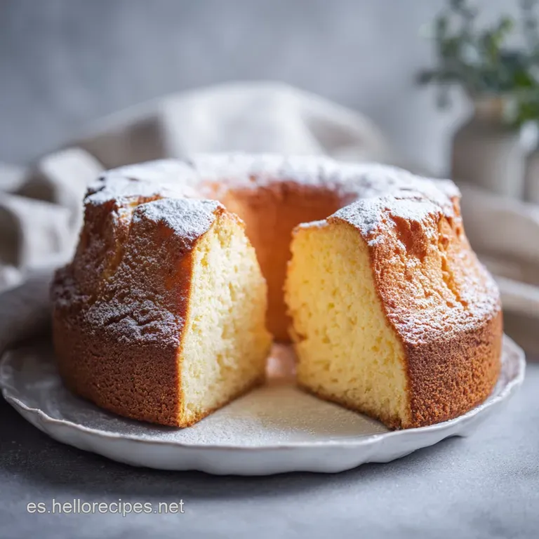 A slice of light, airy cake on a white plate, dusted with powdered sugar.