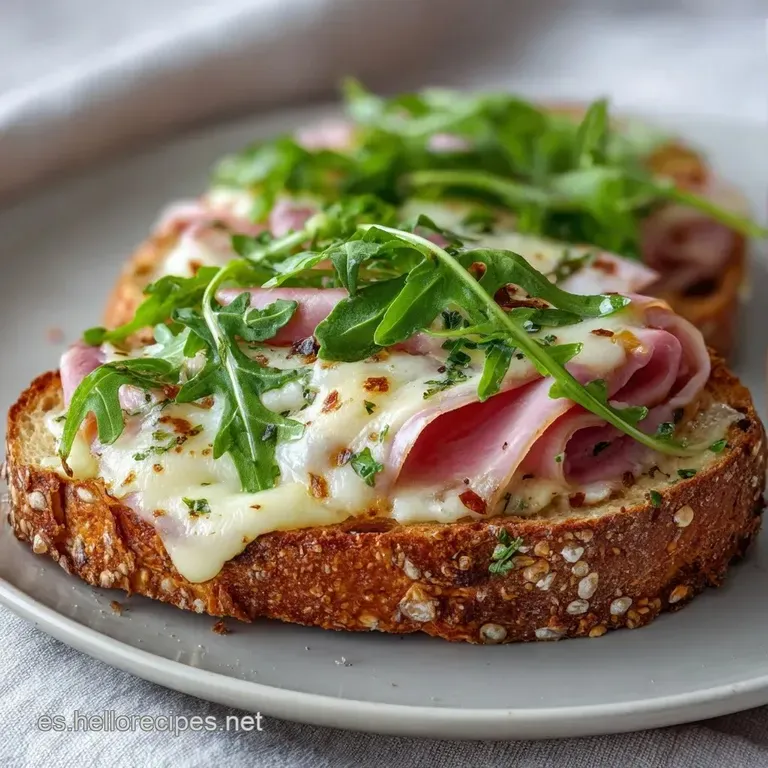 Mitades de pan crujiente con jam&oacute;n y queso fundido, servidas en plato blanco junto a hojas verdes frescas y brillantes.