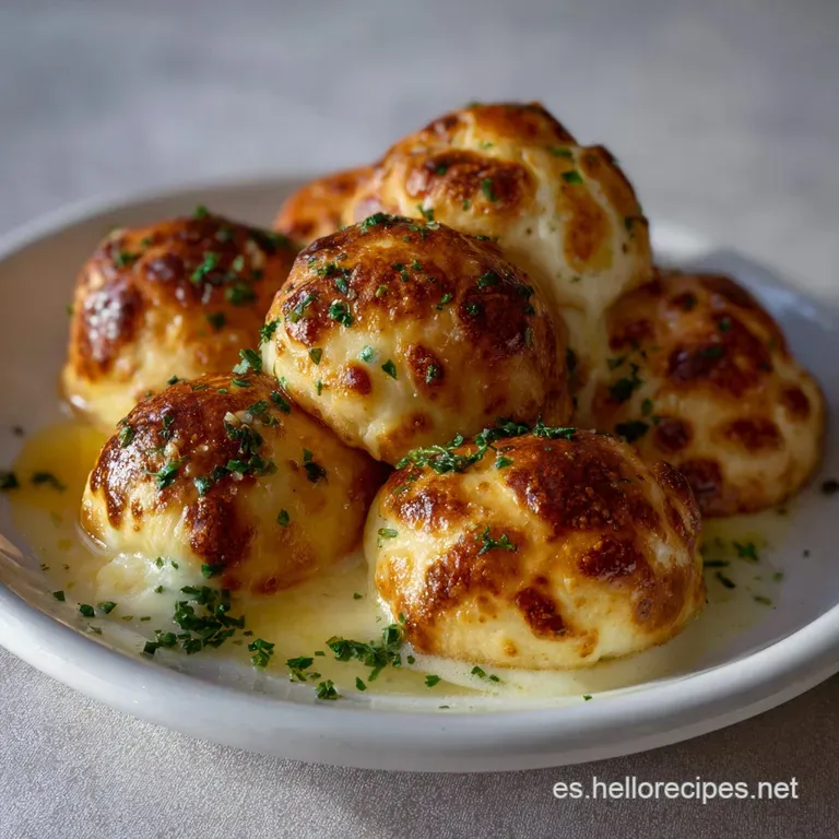 Perfectly arranged, crispy cheese bombs with a vibrant green herb garnish. Pools of glistening, melted garlic butter creat...