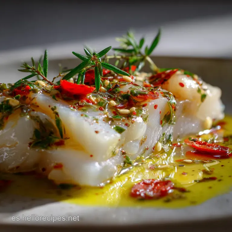 Elegant spoonful of Brandada, drizzled with vibrant green parsley oil. Garnished with smoked paprika, served on a white pl...