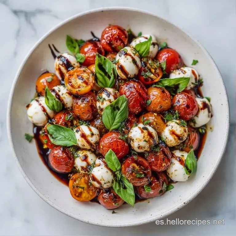Brochetas alineadas en plato blanco con hilos de reducci&oacute;n de bals&aacute;mico oscuro y gotas de aceite de oliva brillante.