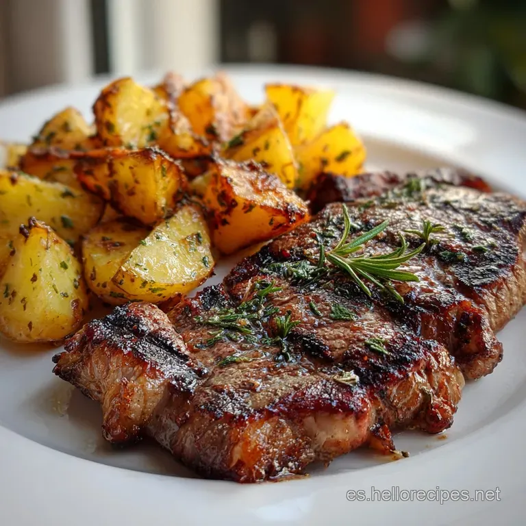 Perfectly arranged plate with juicy carne asada slices, crispy potatoes, and a dollop of creamy sauce. Steam rising evokes...