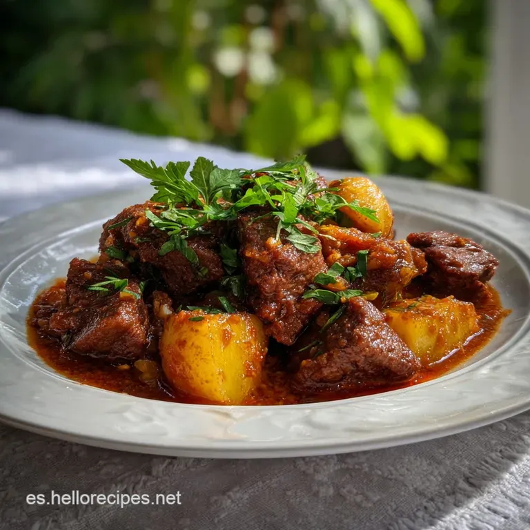 Rustic bowl of vibrant, savory beef stew. Garnished with fresh cilantro, inviting steam rising, promising warmth and comfort.