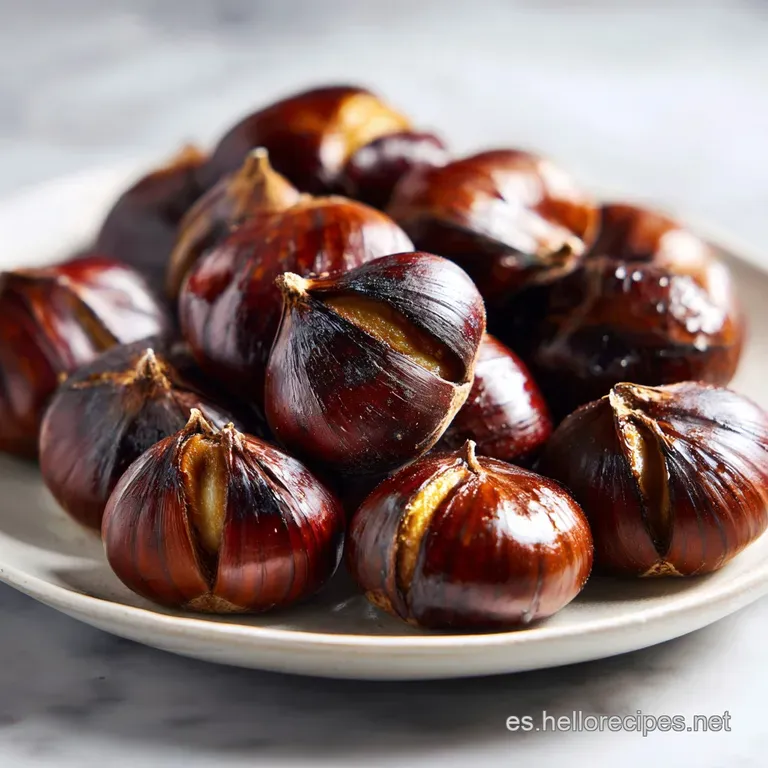 Roasted chestnuts arranged artfully in a small, dark ceramic bowl, highlighting the cracked, matte shells and inviting war...