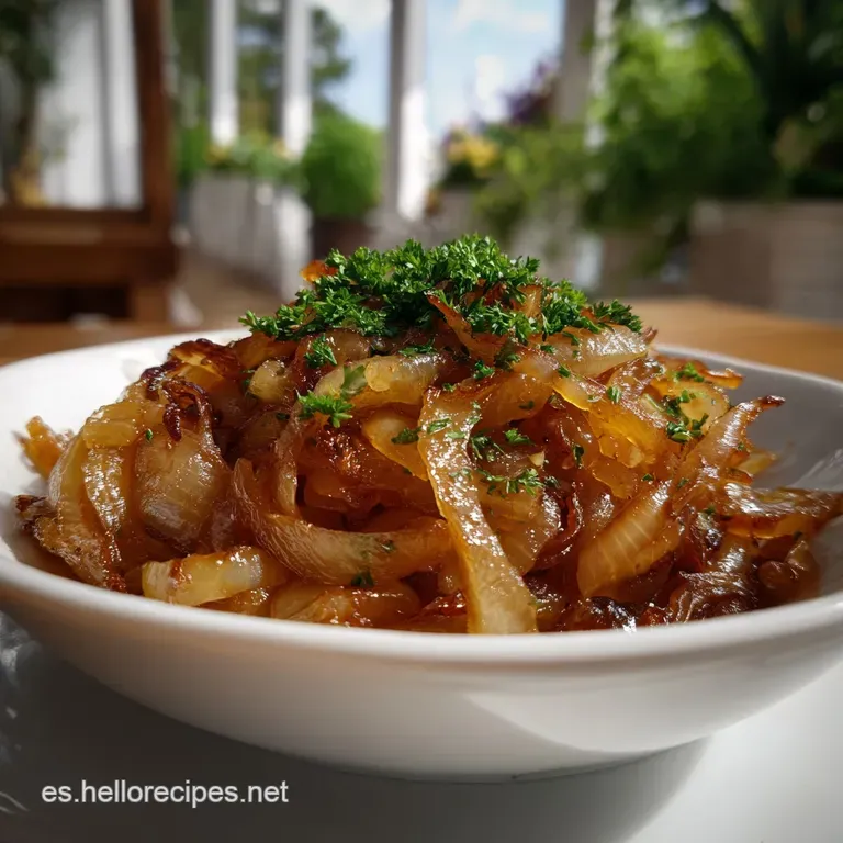 Golden-brown onions artfully arranged on a white plate, showcasing a silky, almost jam-like texture. Subtle sheen and appe...