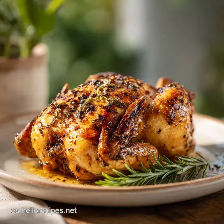 Elegant plate featuring juicy roast chicken, roasted potatoes with crispy edges, and colorful bell peppers, drizzled with ...