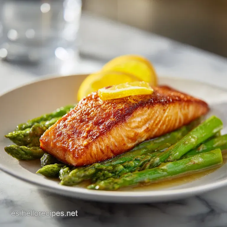Elegant plate featuring a perfectly cooked salmon fillet next to bright green asparagus spears, showcasing a healthy and f...