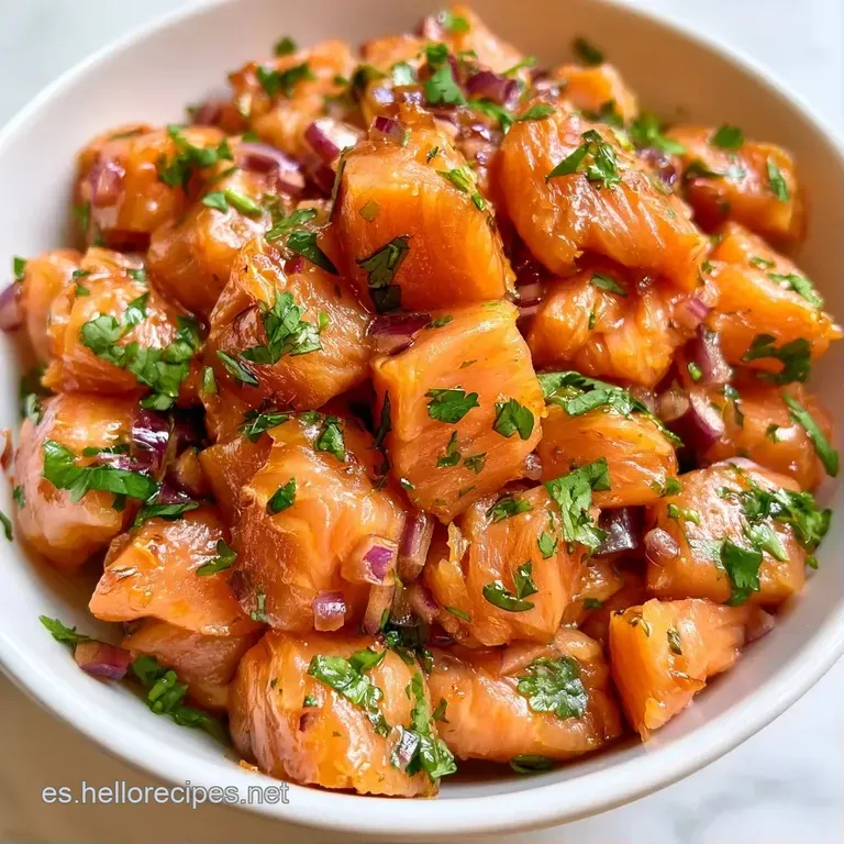Salmón rosado dispuesto en plato blanco con finas láminas de cebolla púrpura, hojas verdes y un aliño cítrico brillante.