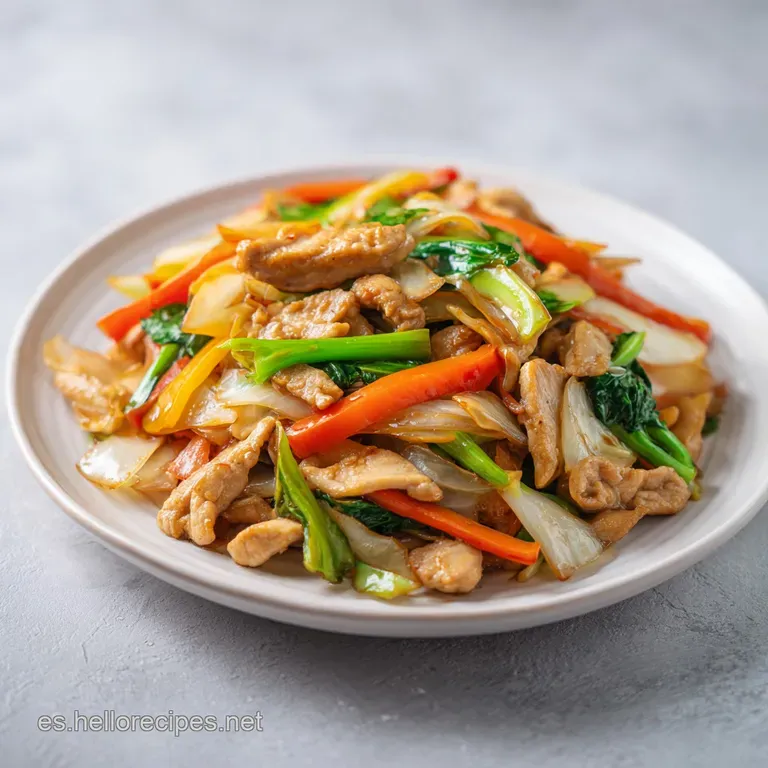 Steaming chop suey artfully arranged on a white plate. Fresh scallions provide bright green garnish against the savory bro...