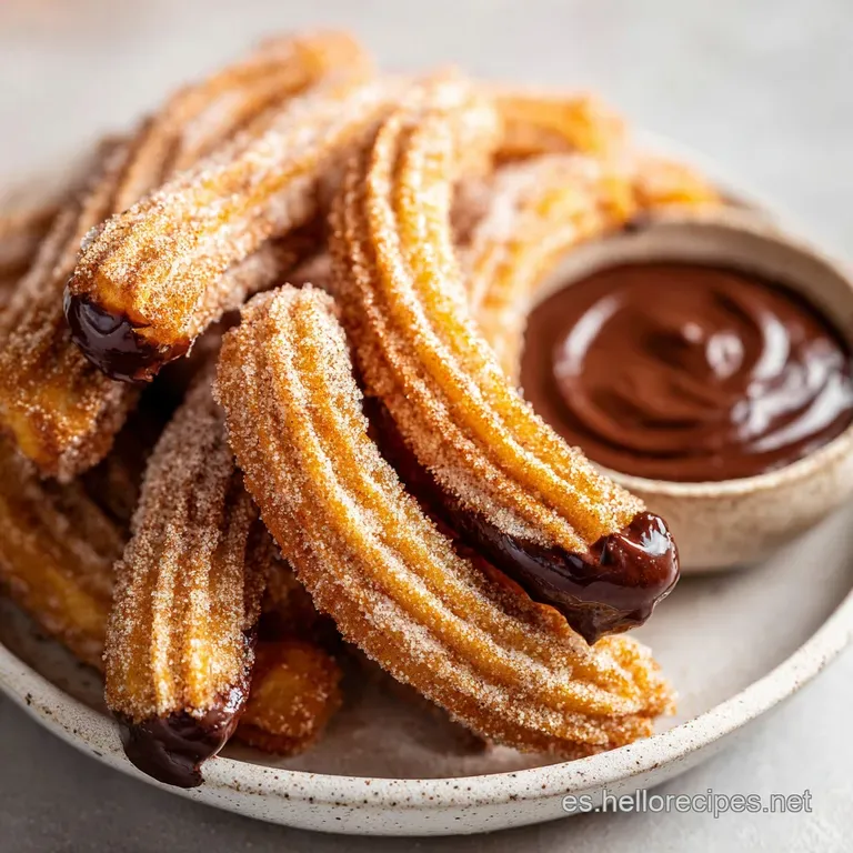 Crispy cinnamon-dusted sticks elegantly plated next to a small bowl of glossy chocolate sauce on a white plate.