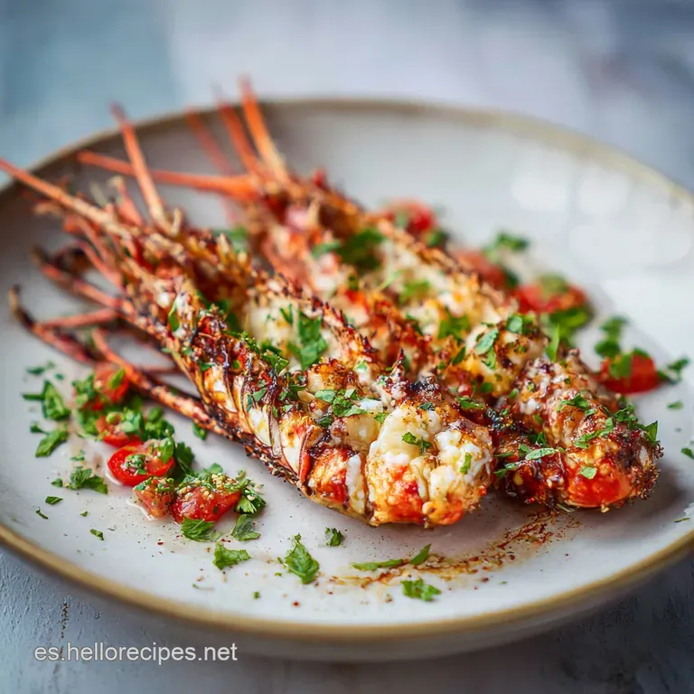 A rustic ceramic platter showcases golden-charred langoustines, drizzled with herb-infused oil and lemon wedges.