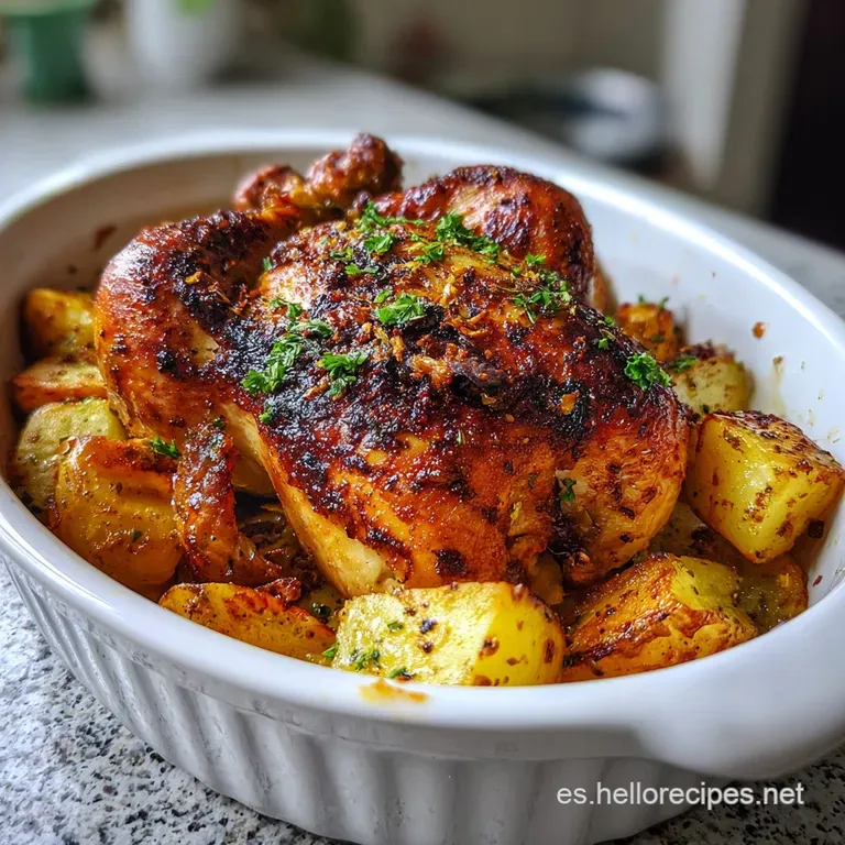 Perfectly plated roasted potatoes and tender meat, drizzled with vibrant green sauce and sprinkled with herbs, inviting an...