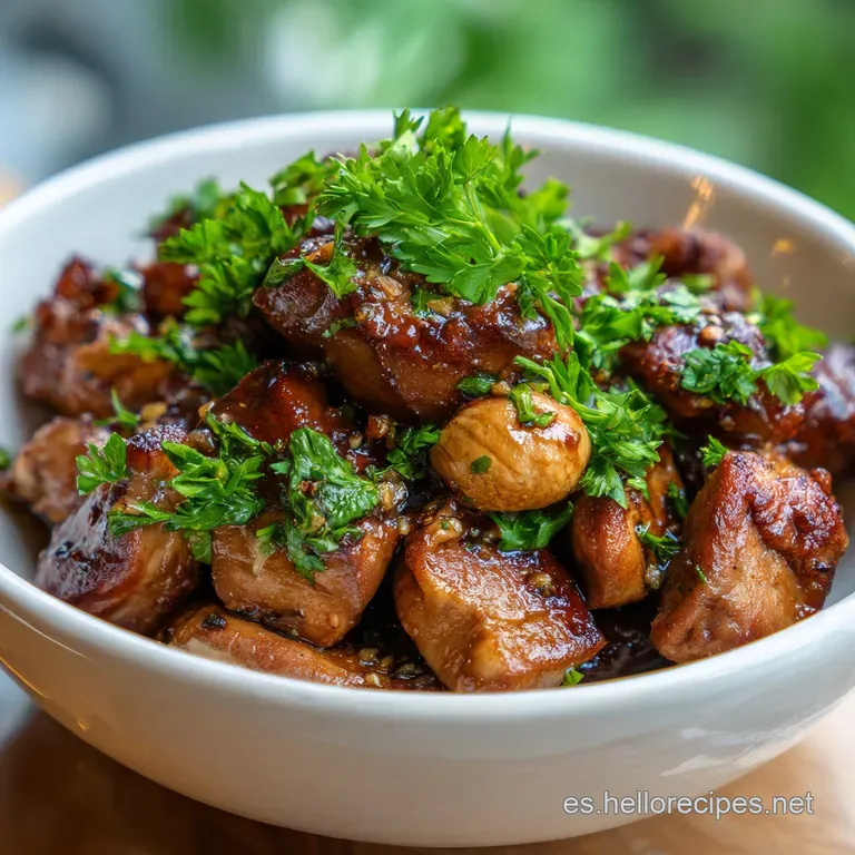 Carne crujiente y brillante dispuesta con cuidado, adornada con l&aacute;minas de ajo y hierbas verdes sobre fondo neutro.