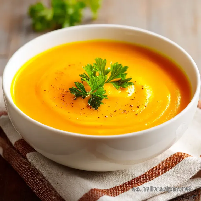 Crema naranja espesa servida en plato hondo, decorada con gotas de aceite verde y brotes frescos sobre fondo neutro.