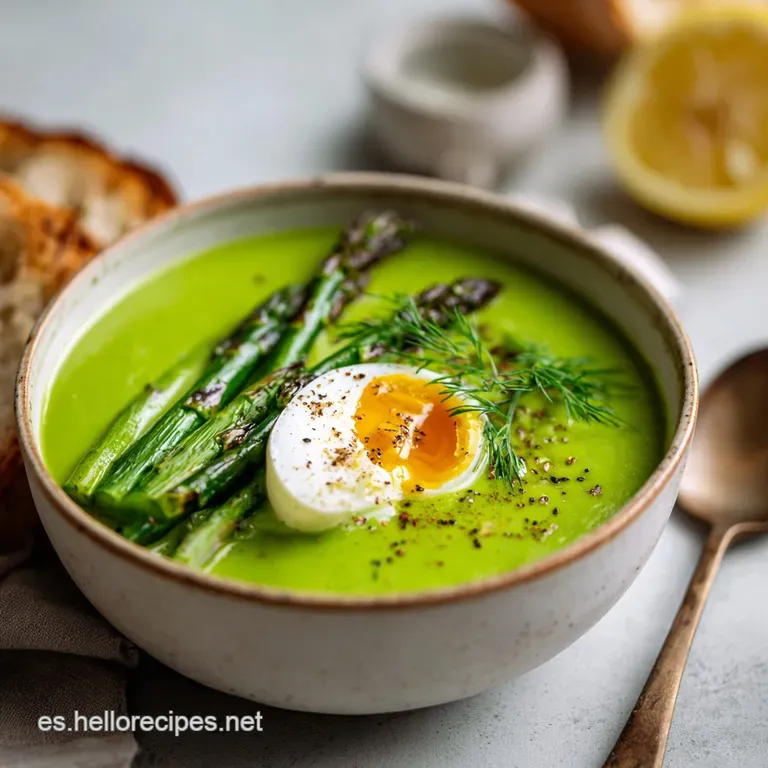 Elegant bowl of creamy green asparagus soup garnished with a drizzle of olive oil and fresh herbs. Simple, clean presentat...