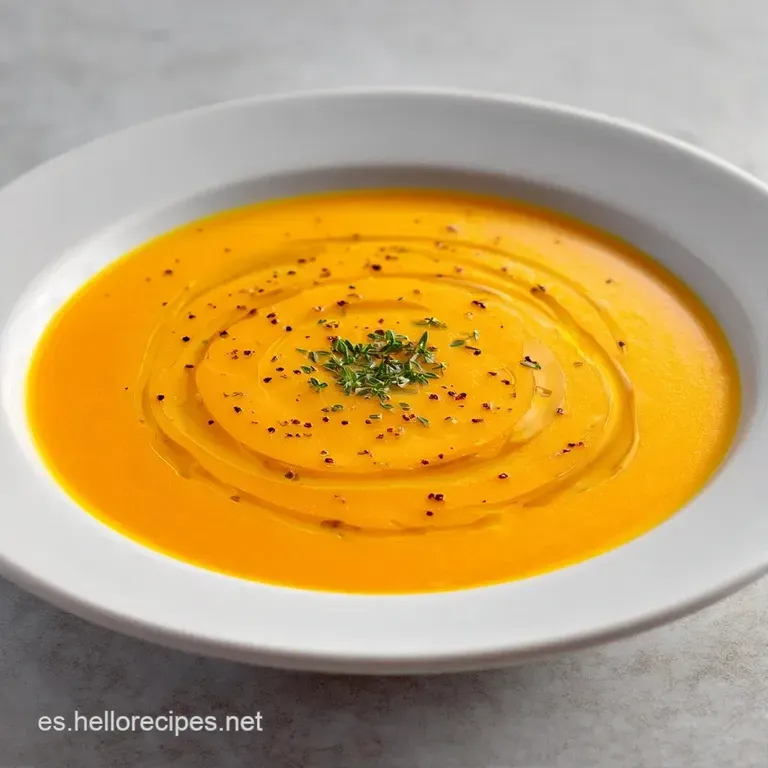 Crema vegetal suave en plato hondo con un remolino de nata blanca, croutones dorados y una hoja de perejil fresco.