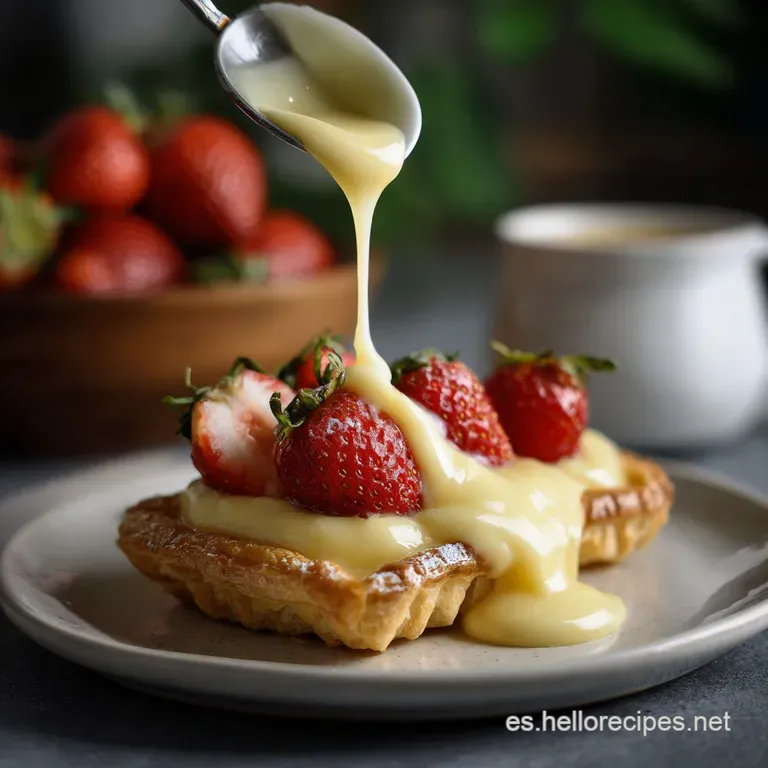 Elegant dessert: piped swirls of rich yellow custard, topped with vibrant red raspberries and delicate mint sprigs on a wh...