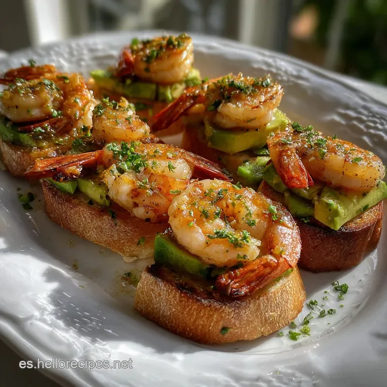 Elegant crostini presentation: Toasted bread slices showcase plump, glistening shrimp. Creamy avocado and vibrant cilantro...