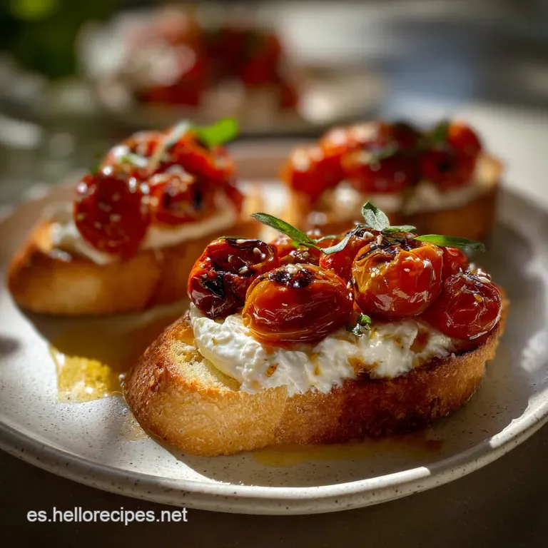 Elegant arrangement of crostini on a white plate, showcasing the bright red tomatoes and fresh herbs with a drizzle of oil.