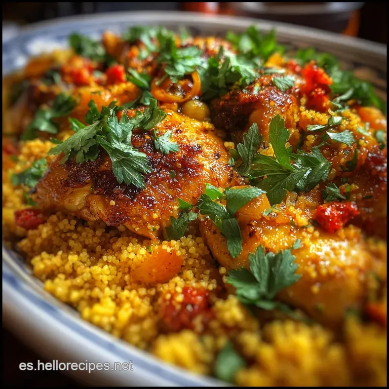 A vibrant plate of couscous and chicken, garnished with fresh herbs and a lemon wedge, ready to be savored and enjoyed.