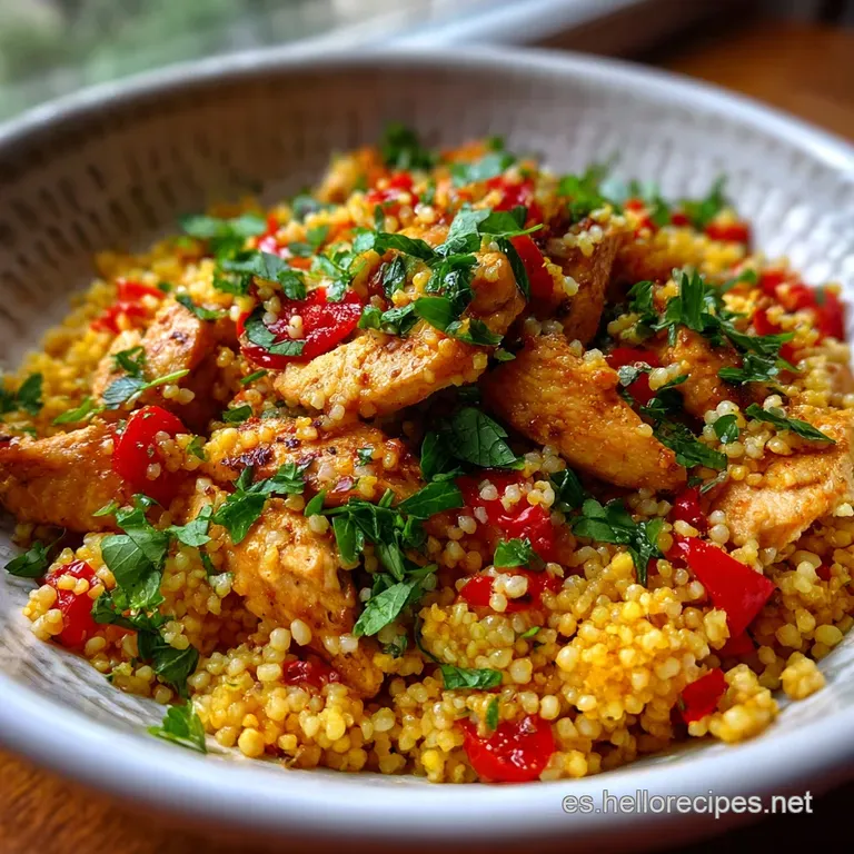 Steaming couscous and chicken artfully arranged on a plate, garnished with fresh herbs and colorful spices for a vibrant, ...