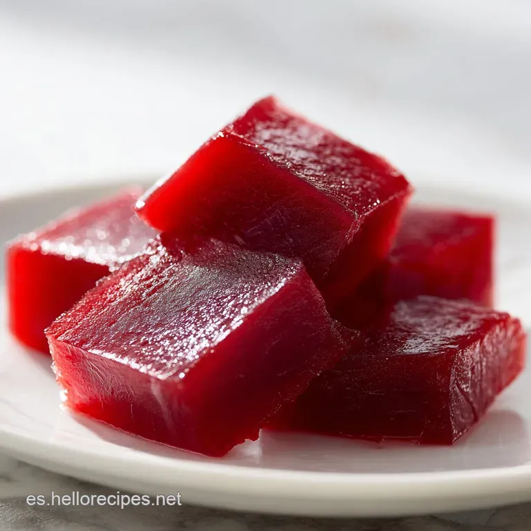 L&aacute;minas finas de pasta de membrillo color &aacute;mbar profundo dispuestas en abanico sobre cer&aacute;mica clara, brillo satinado.