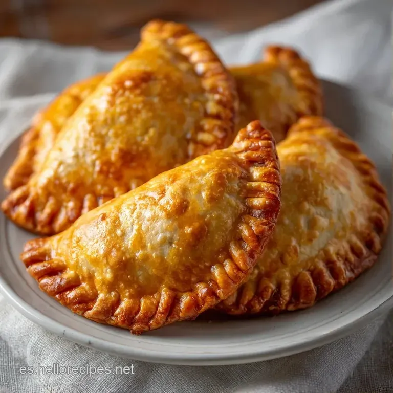 Empanadas doradas en plato blanco minimalista, acompa&ntilde;adas de salsa roja brillante y hojas verdes de perejil fresco.