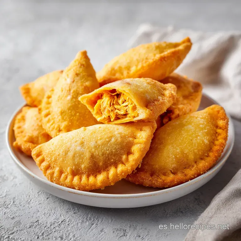 Empanadas de ma&iacute;z amarillo brillante dispuestas en fila sobre papel kraft, con gotas de salsa y cilantro fresco encima.
