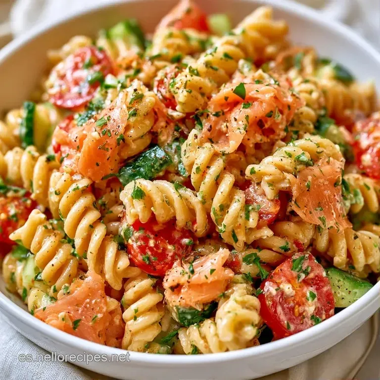 Pasta en espiral sobre plato blanco, adornada con finas láminas de salmón rosado y hojas frescas de eneldo verde.