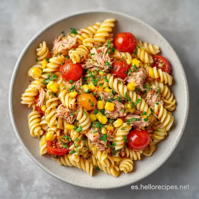 Pasta glaseada en plato blanco con trozos de queso feta, pimientos coloridos y un toque de aceite de oliva brillante.