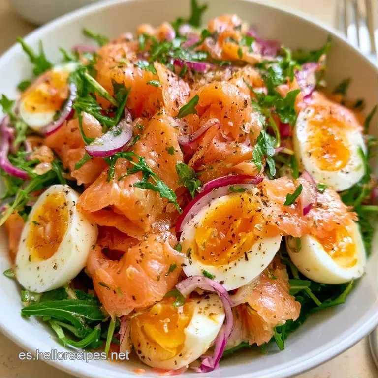 Cubos de salmón naranja brillante y rodajas de huevo blanco dispuestos con elegancia sobre un fondo de lechuga verde.