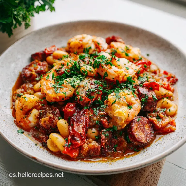 Elegantly plated Fabada Asturiana. The creamy beans contrast beautifully with the dark, savory meats and bright parsley.