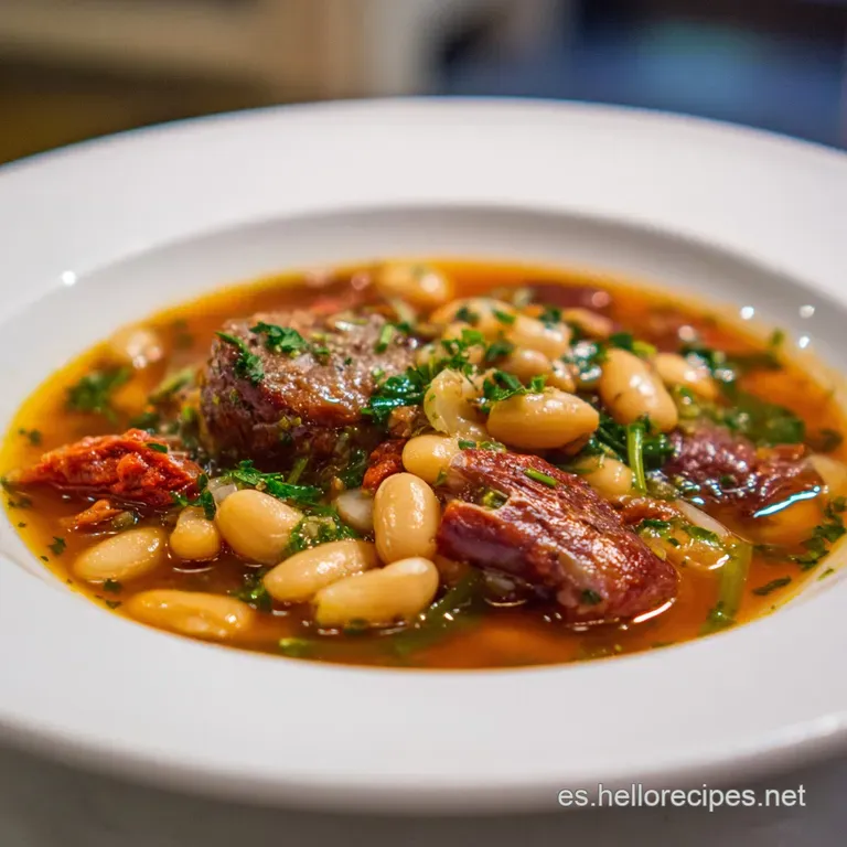 Elegant plating of Fabada Asturiana; glossy beans, vibrant paprika, and flavorful cuts of meat in a deep bowl. A true feast.