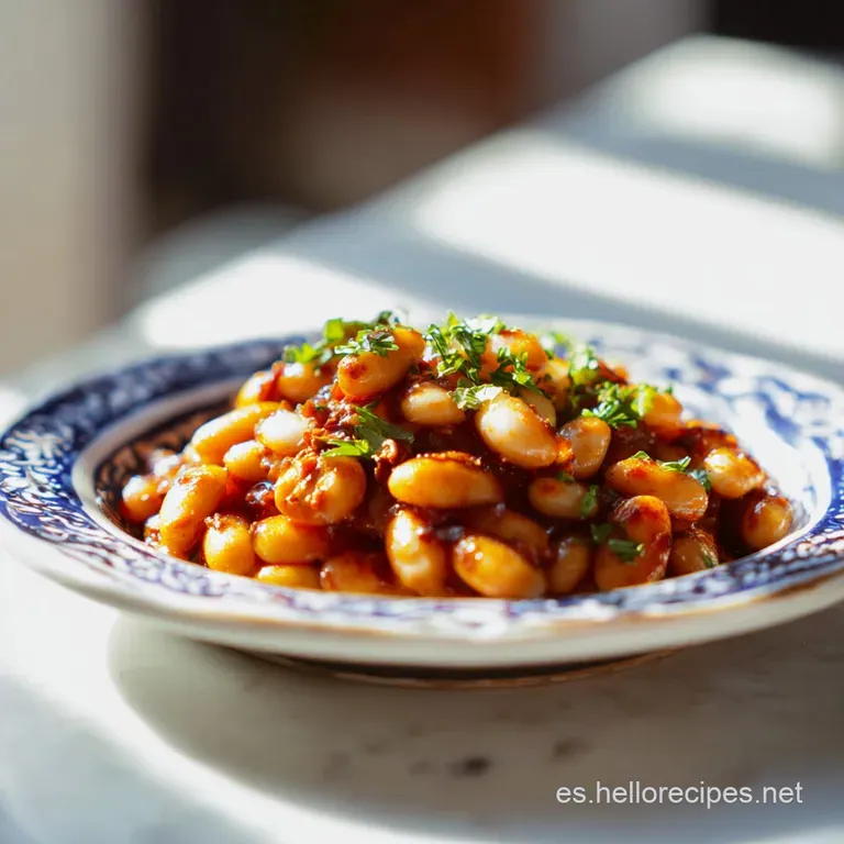 Elegantly plated Fabes Asturianas, showcasing the creamy beans and savory meats in a rustic earthenware bowl with a wooden...