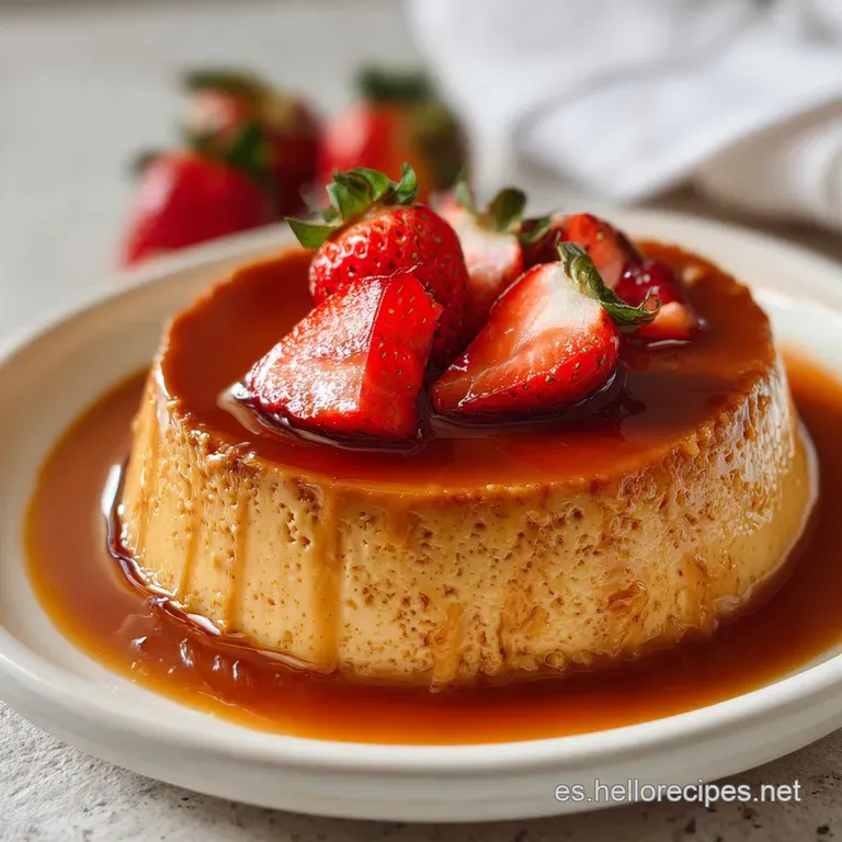 Silky smooth flan slice glistening in the light, drizzled with caramel sauce, atop a pristine white plate. Inviting desser...