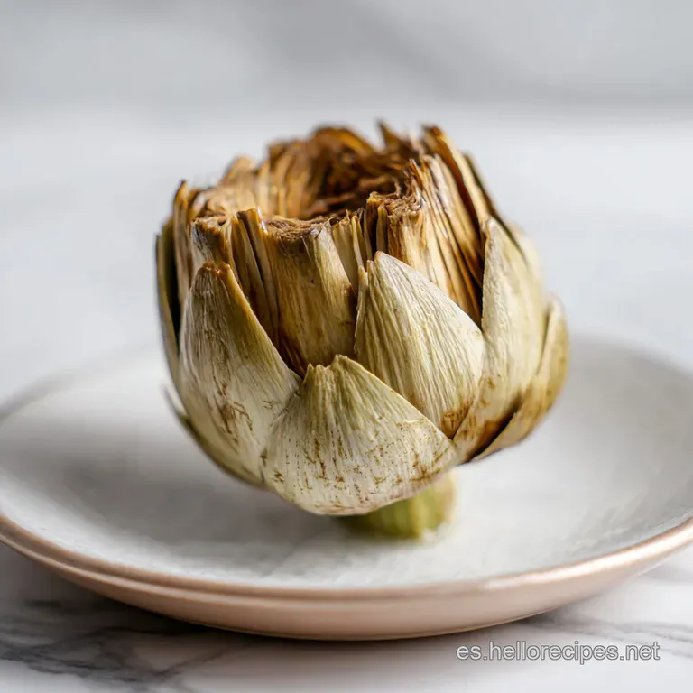 Artichoke heart petals fanned out elegantly on a white plate, dotted with crispy ham and a drizzle of golden oil.