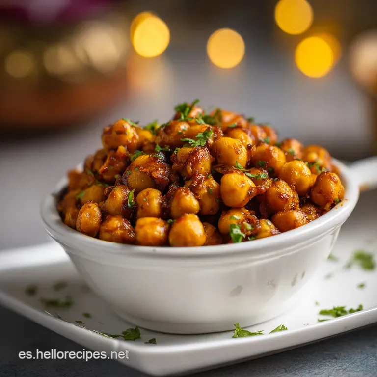 A vibrant serving of chickpeas in a deep bowl. Cilantro sprigs add fresh green notes to the warm, reddish-brown dish.