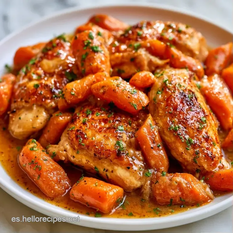 Plato blanco con pollo guisado brillante, salsa cremosa, rodajas de zanahoria naranja y un toque de perejil fresco verde.