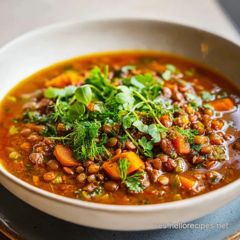 A steaming bowl of lentil stew with a sprinkle of fresh parsley. Visible steam hints at the savory warmth within.